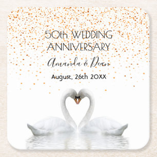 50th gold wedding anniversary white swans in love square paper coaster