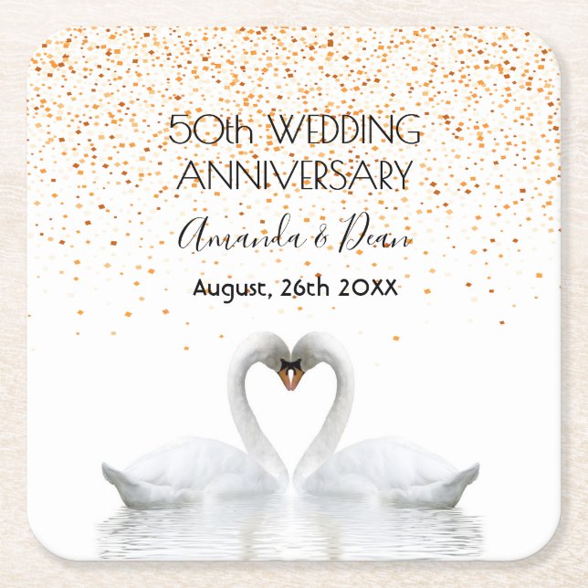 50th gold wedding anniversary white swans in love square paper coaster (Front)