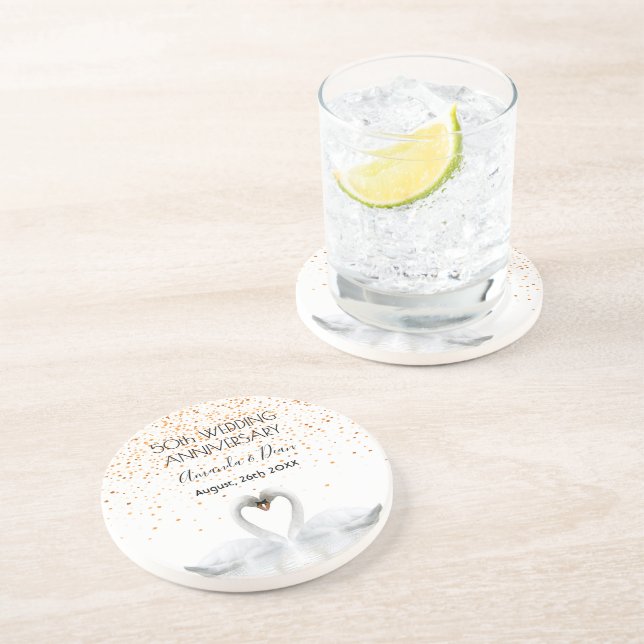 50th gold wedding anniversary with white swans coaster (Side)