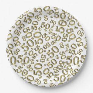 50th Gold/White  Random Number Pattern Paper Plate