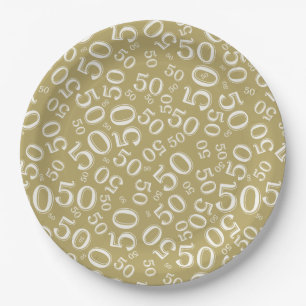 50th Gold/White  Random Number Pattern Paper Plate