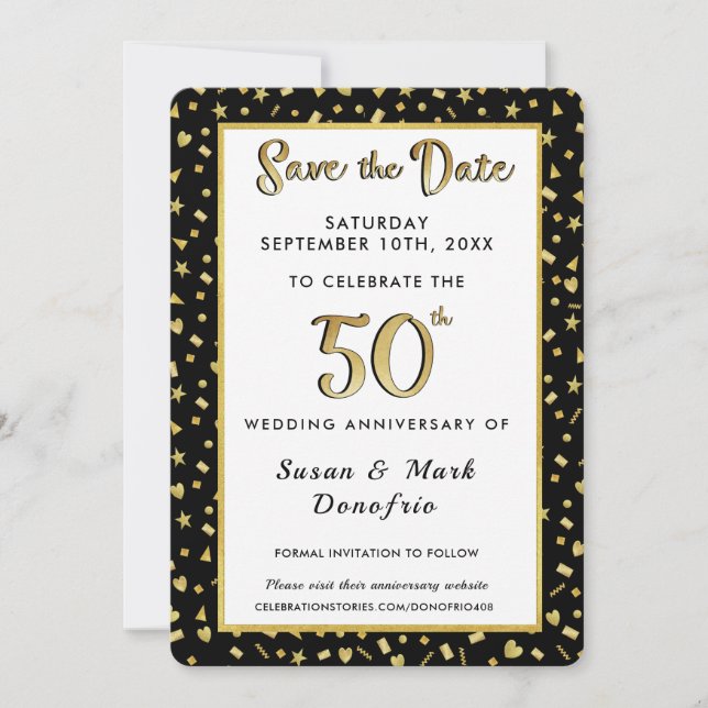 50th Golden Anniversary Celebration Confetti Black Save The Date (Front)
