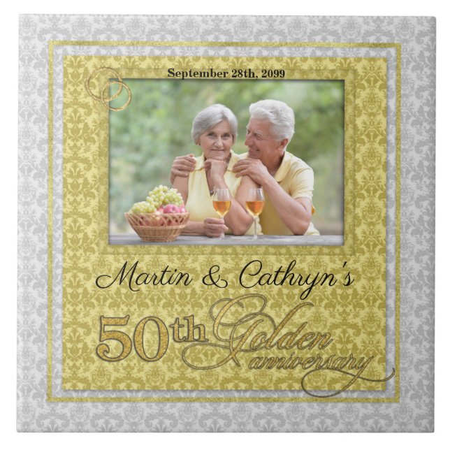 50th Golden Anniversary Damask Photo Tile (Front)