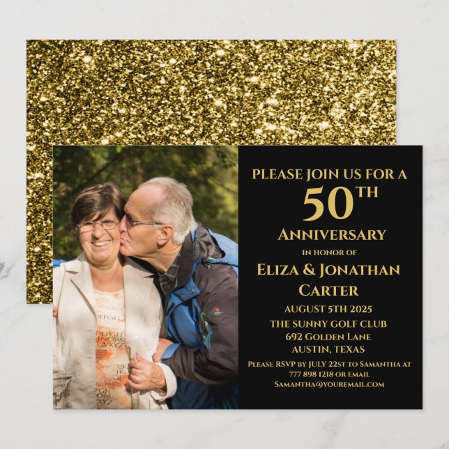 50th Golden Anniversary Gold Black Glitter  Invitation (Front/Back)