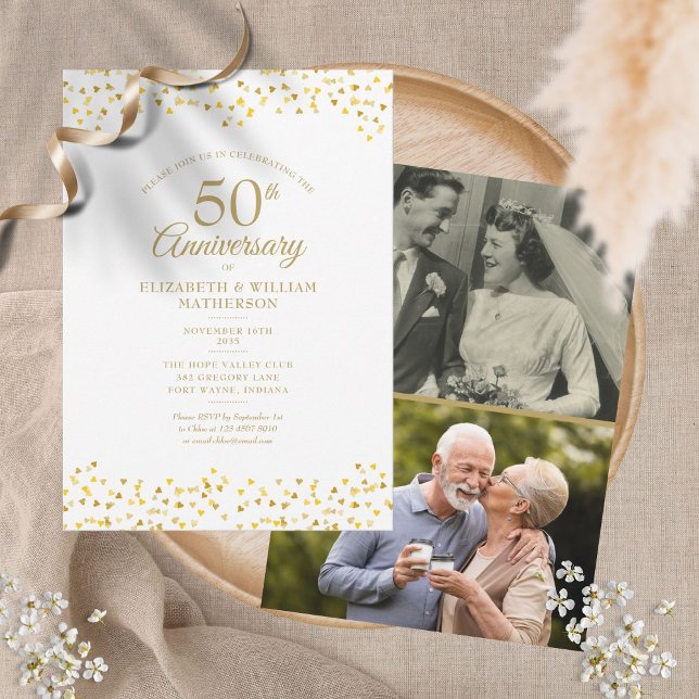 50th Golden Anniversary Love Hearts 2 Photo Invitation (Creator Uploaded)