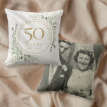 50th Golden Anniversary Photo Watercolour Greenery Cushion<br><div class="desc">Featuring delicate soft watercolour country garden greenery,  this chic botanical 50th wedding anniversary pillow can be personalised with your special anniversary information in elegant gold text and your special photo on the reverse. Designed by Thisisnotme©</div>