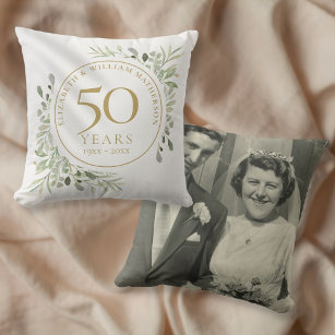 50th Golden Anniversary Photo Watercolour Greenery Cushion