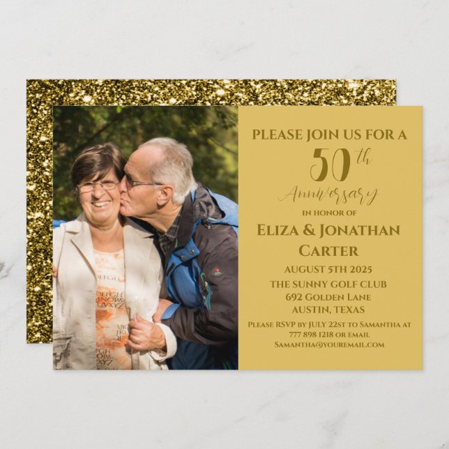 50th Golden Anniversary Surprise Party Glitter Invitation (Front/Back)