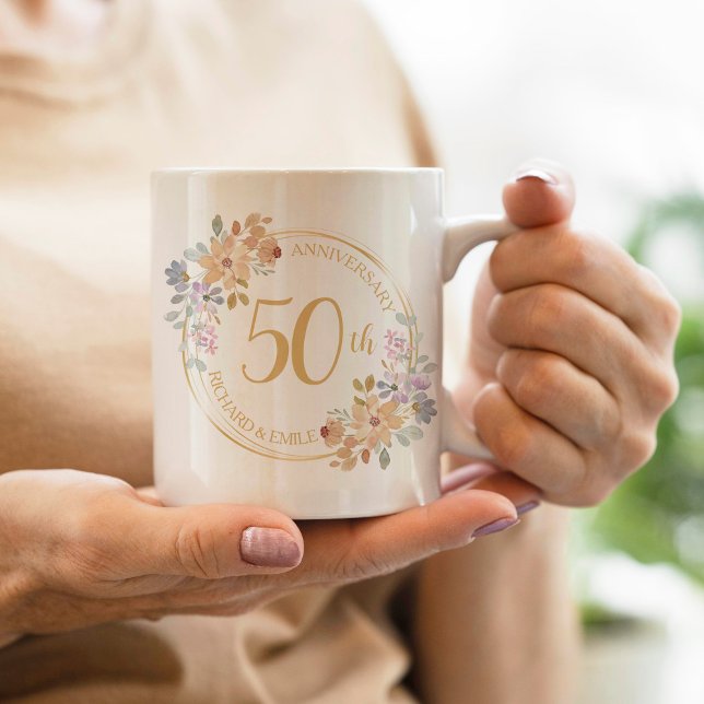 50th Golden Anniversary Watercolor Flower Wreath Coffee Mug (Creator Uploaded)