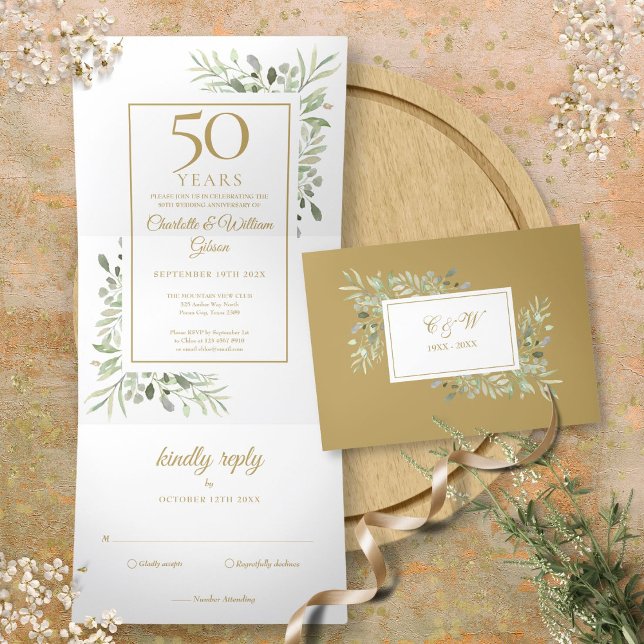 50th Golden Anniversary Wedding Greenery Floral Tri-Fold Invitation (50th Golden Anniversary Wedding Greenery Floral Tri-Fold Invitation)