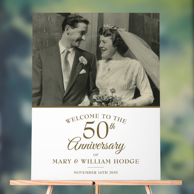 50th Golden Anniversary Wedding Photo Welcome Acrylic Sign (Neutral)