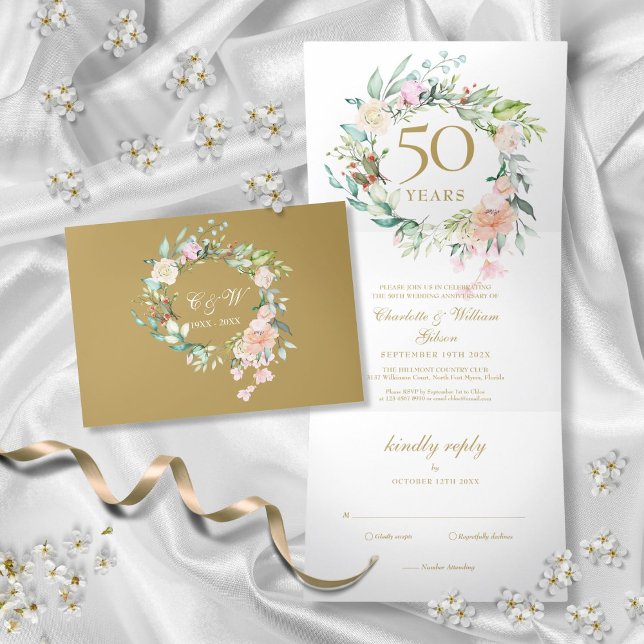 50th Golden Anniversary Wedding Roses Floral Tri-Fold Invitation (50th Golden Anniversary Wedding Roses Floral Tri-Fold Invitation)