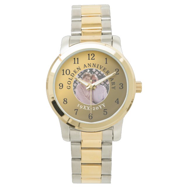 50th Golden Anniversary Wedding Year Photo Gold Watch (Front)