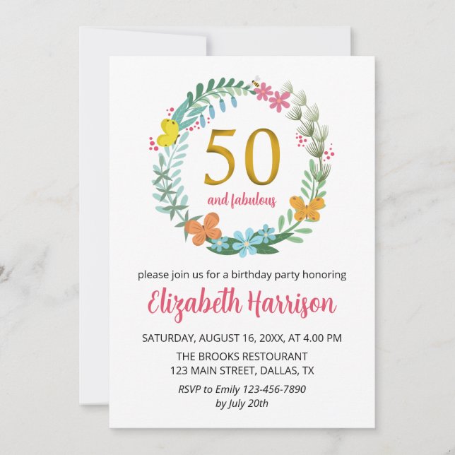 50th Golden Birthday Party Floral Wreath Butterfly Invitation (Front)