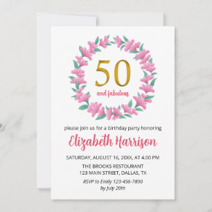 50th Golden Birthday Party Floral Wreath Pink Invitation