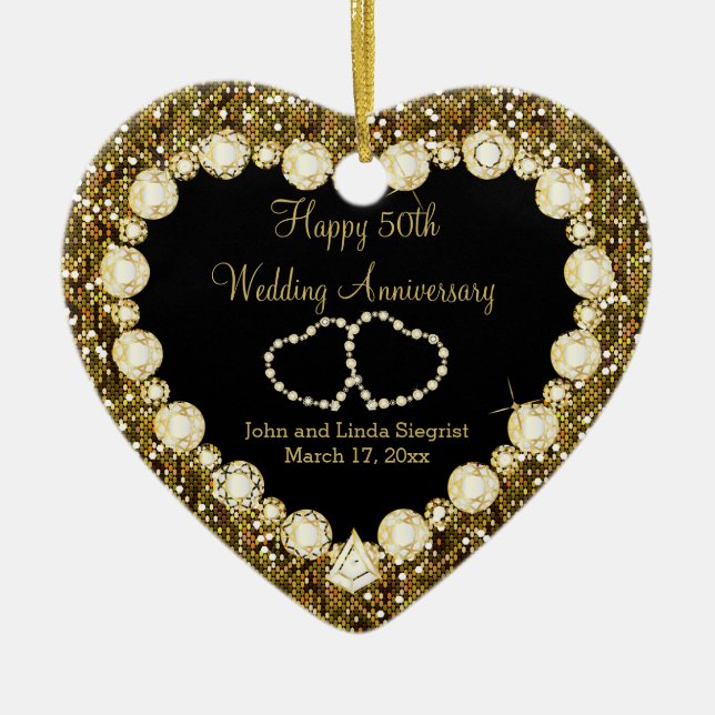 50th Golden Glitter Wedding Anniversary Ceramic Tree Decoration (Front)