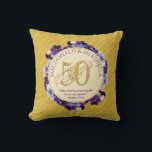 50th GOLDEN Wedding Anniversary | Christian Throw Cushion<br><div class="desc">Pretty, floral 50TH GOLDEN WEDDING ANNIVERSARY Throw Pillow, including an array of violets and 50 in decorative GOLD typography in a centre circle. CONGRATULATIONS is in a tiled pattern against a METALLIC GOLD-coloured background. There is curved placeholder text at the top, and underneath there is a Christian Bible verse from...</div>