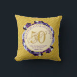 50th GOLDEN Wedding Anniversary | Christian Throw Cushion<br><div class="desc">Pretty, floral 50TH GOLDEN WEDDING ANNIVERSARY Throw Pillow, including an array of violets and 50 in decorative GOLD typography in a centre circle. CONGRATULATIONS is in a tiled pattern against a METALLIC GOLD-coloured background. There is curved placeholder text at the top, and underneath there is a Christian Bible verse from...</div>