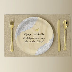 50th Golden Wedding Anniversary Faux Satin+Lace Paper Plate