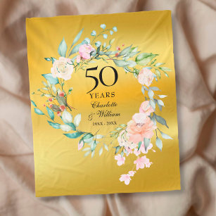 50th Golden Wedding Anniversary Floral Gold Foil Fleece Blanket