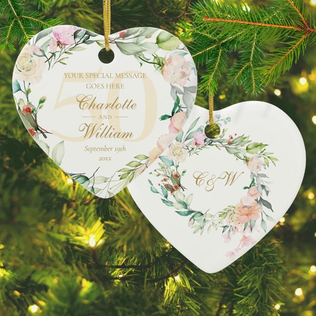 50th Golden Wedding Anniversary Floral Monogram Ceramic Tree Decoration (50th Golden Wedding Anniversary Floral Monogram Ceramic Ornament)