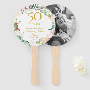 50th Golden Wedding Anniversary Floral Roses Photo Hand Fan