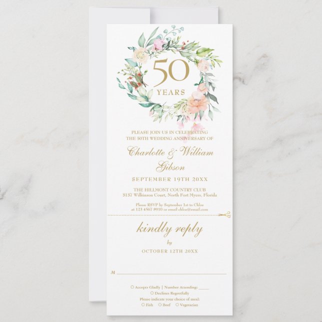 50th Golden Wedding Anniversary Floral RSVP Invitation (Front)