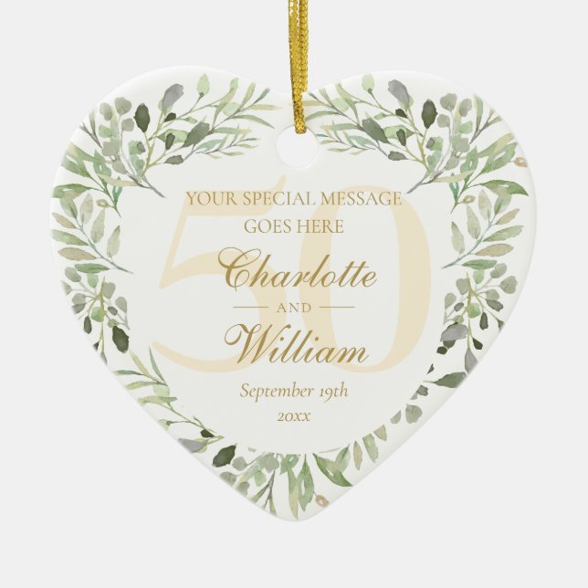 50th Golden Wedding Anniversary Greenery Monogram Ceramic Tree Decoration (Front)