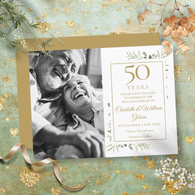 50th Golden Wedding Anniversary Greenery Photo Announcement Postcard (50th Golden Wedding Anniversary Greenery Photo Announcement Postcard)