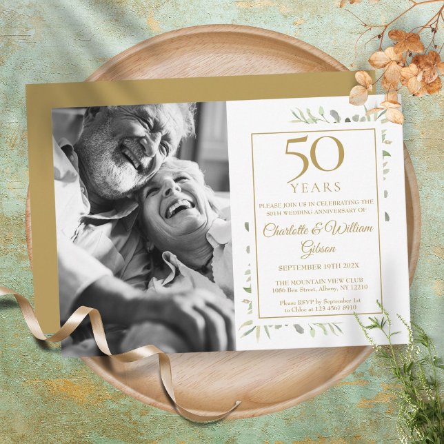50th Golden Wedding Anniversary Greenery Photo Invitation (Creator Uploaded)