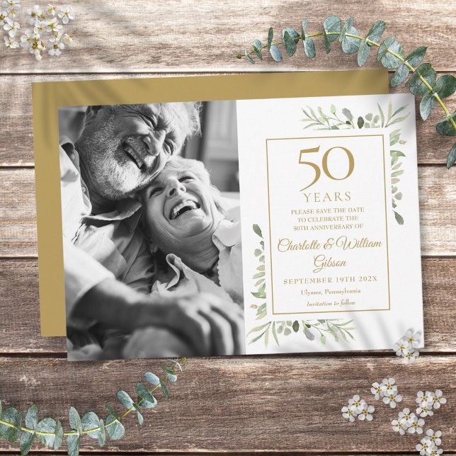 50th Golden Wedding Anniversary Greenery Photo Save The Date (50th Golden Wedding Anniversary Greenery Photo Save The Date)
