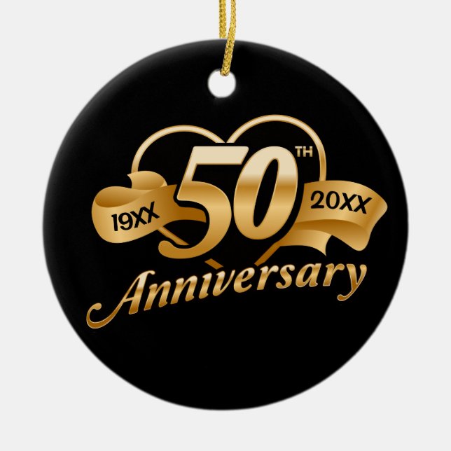 50th Golden Wedding Anniversary Heart Ceramic Tree Decoration (Front)