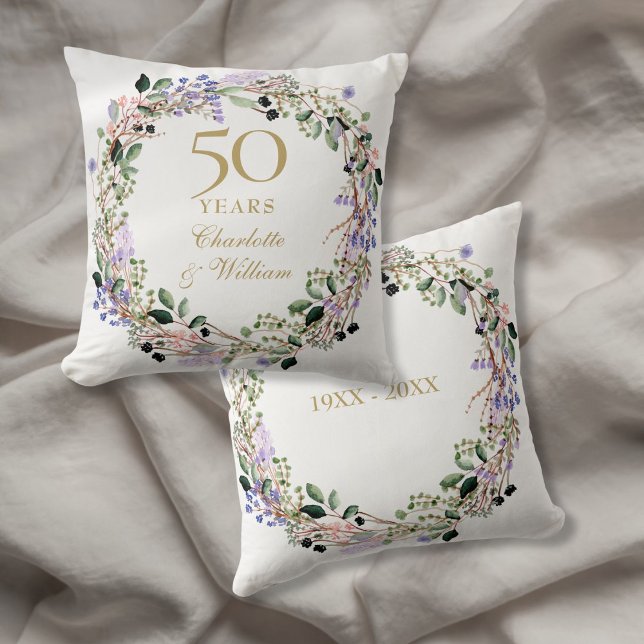50th Golden Wedding Anniversary Lavender Floral Cushion (50th Golden Wedding Anniversary Lavender Floral Throw Pillow)