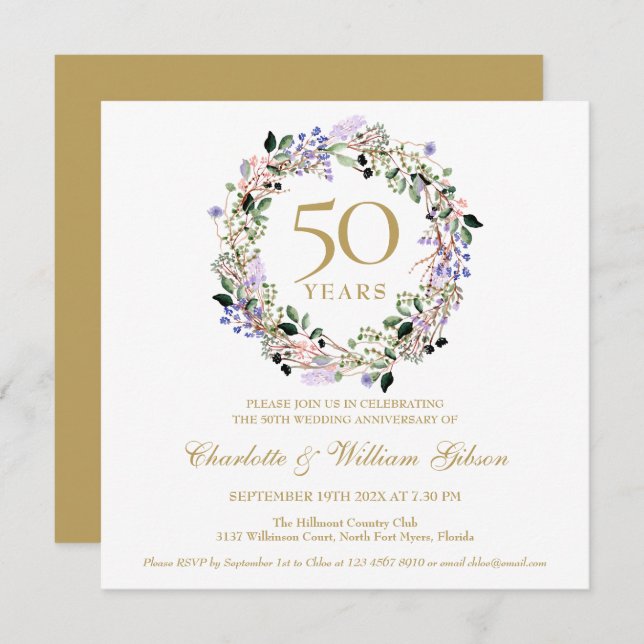 50th Golden Wedding Anniversary Lavender Floral Invitation (Front/Back)
