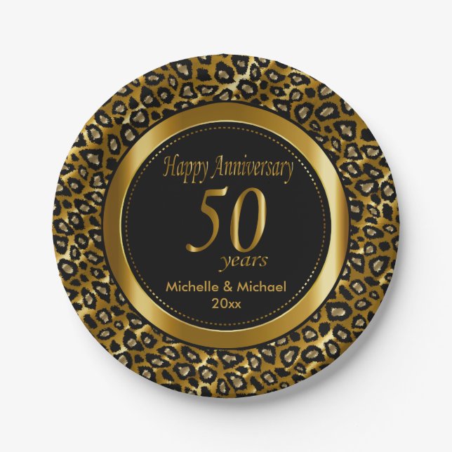 50th Golden Wedding Anniversary | Leopard Prints Paper Plate (Front)