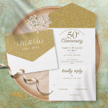 50th Golden Wedding Anniversary Monogram All In One Invitation<br><div class="desc">All in one 50th golden wedding anniversary invitation featuring gold hearts confetti and your event details set in elegant typography. The invitation includes a perforated RSVP card that’s can be individually addressed or left blank for you to handwrite your guest's address details and chic monogram initials on a gold hearts...</div>