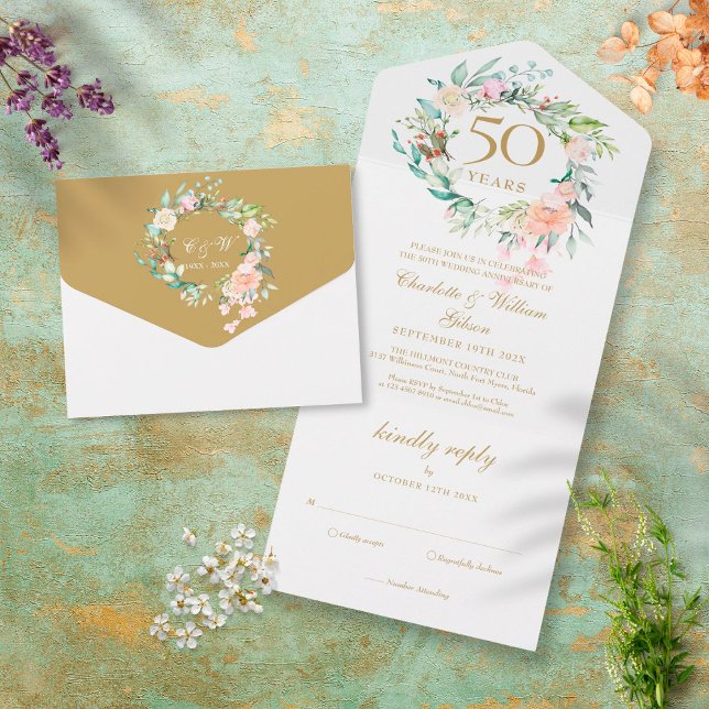 50th Golden Wedding Anniversary Monogram Floral All In One Invitation (Creator Uploaded)