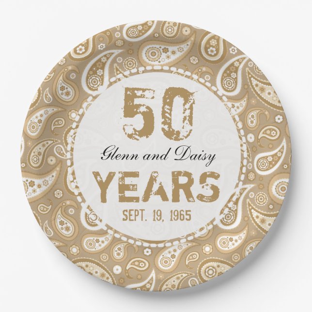 50th Golden Wedding Anniversary Paisley Pattern Paper Plate (Front)