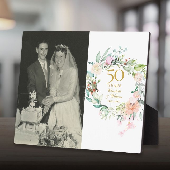 50th Golden Wedding Anniversary Photo Floral Roses Plaque (50th Golden Wedding Anniversary Photo Floral Roses Plaque)