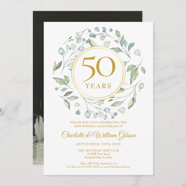 50th Golden Wedding Anniversary Photo Garland Invitation (Front/Back)