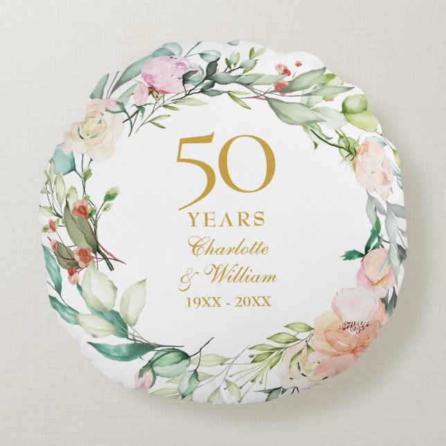 50th Golden Wedding Anniversary Photo Roses Floral Round Cushion (Front)