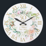 50th Golden Wedding Anniversary Roses Floral Large Clock<br><div class="desc">Featuring a delicate watercolor floral garland,  this chic botanical 50th wedding anniversary clock can be personalised with your special golden anniversary details set in elegant typography. Designed by Thisisnotme©</div>