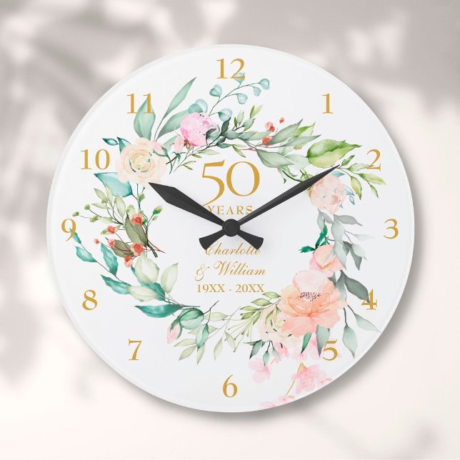 50th Golden Wedding Anniversary Roses Floral Large Clock (50th Golden Wedding Anniversary Roses Floral Large Clock)