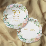 50th Golden Wedding Anniversary Roses Garland  Round Cushion<br><div class="desc">Featuring a delicate watercolor floral garland,  this chic botanical 50th wedding anniversary keepsake pillow can be personalised with your special anniversary information in elegant gold text. Designed by Thisisnotme©</div>