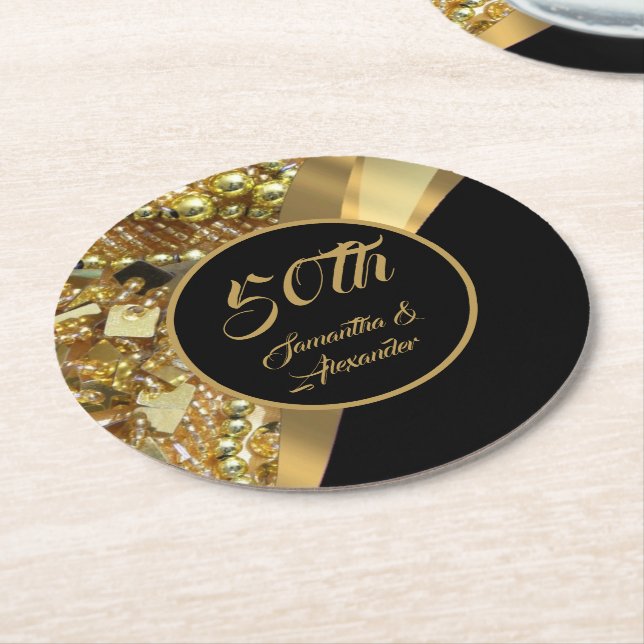 50th golden wedding anniversary round paper coaste coaster (Angled)