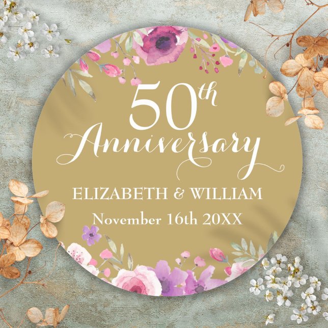50th Golden Wedding Anniversary Watercolor Roses Classic Round Sticker (50th Golden Wedding Anniversary Watercolor Roses Classic Round Sticker)