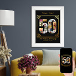 50th Golden Wedding Personalised Photo Collage Poster<br><div class="desc">Personalised 50th Golden Wedding Anniversary gift for parents. This black and gold poster features a number 50 shaped photo collage with an elegant art deco style frame and ornate script typography. The template is set up ready for you to add your names, custom text and wedding date. The photo collage...</div>