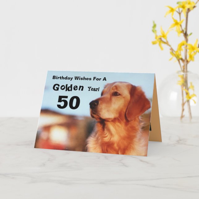 50th Golden Year Birthday Golden Retriever Card (Yellow Flower)