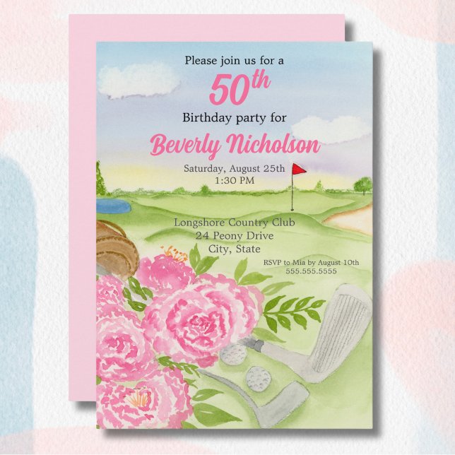50th Golf Birthday Party Peonies On Golf Course Invitation (Creator Uploaded)