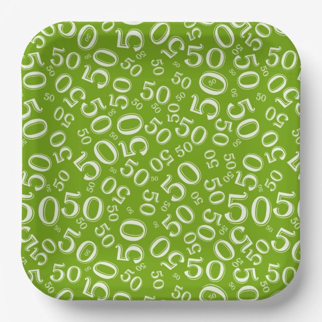 50th Green/White  Random Number Pattern Paper Plate (Front)
